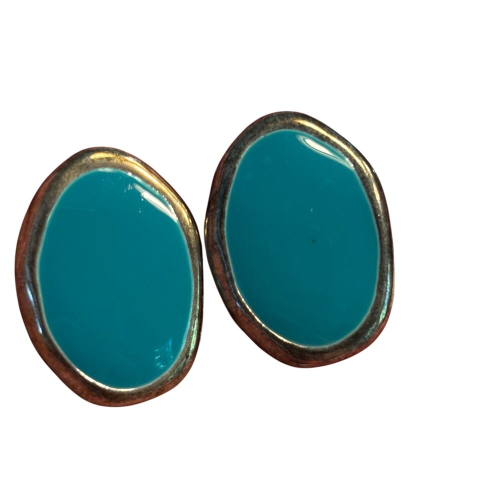 Mod Clip On earrings 1990's blue enamel & silvertone abstract beachy coastal
